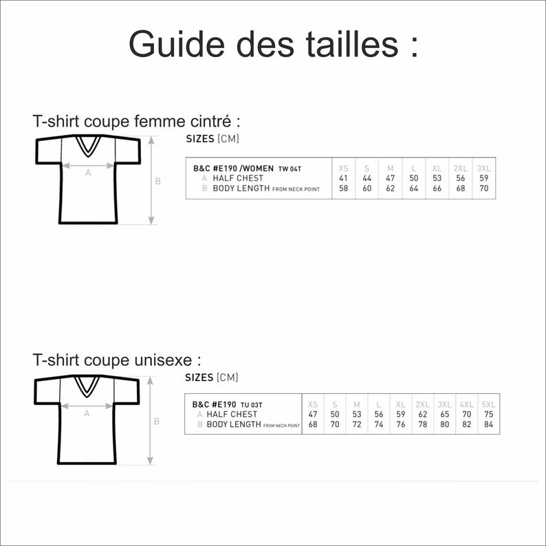 May include: A white graphic showing a t-shirt size guide in centimeters. The guide includes measurements for half chest and body length for both women's and unisex t-shirts, with sizes ranging from XS to 5XL.