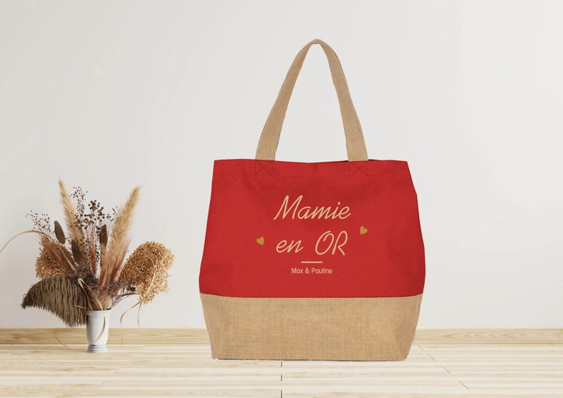 Grand sac cabas en jute à personnaliser Mamie Anniversaire mamie fête des grands mères Rouge