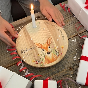 Personalized birthday plate with desired motif made of wood for children + candle (gift idea birth, baptism, children's birthday, school enrollment)