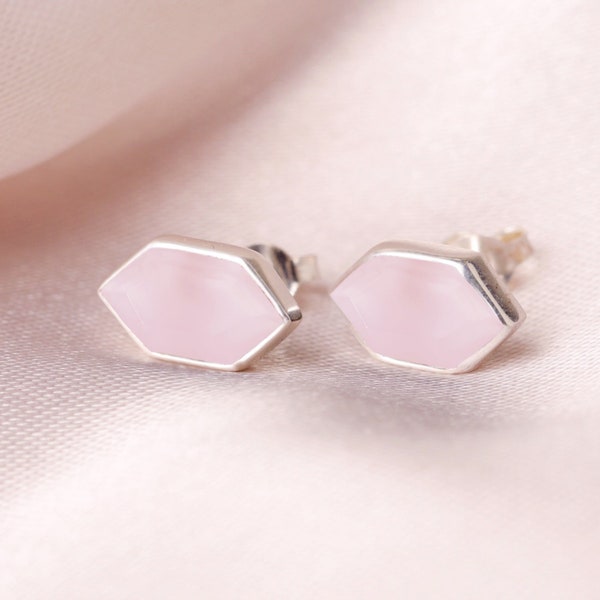 Pink Chalcedony Hexagon Stud Earrings, Natural Chalcedony October Birthstone,Handmade Sterling Silver Studs,Minimalist Women Gifting Jewelry