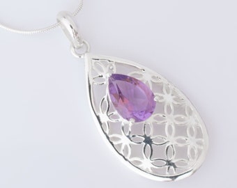 Amethyst Teardrop Pendant, Natural Amethyst February Birthstone, Sterling Silver Designer Charm Necklace, Minimalist Necklace For Women,