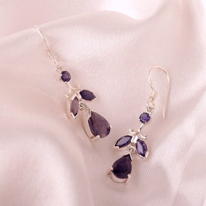 Iolite Earrings, Handmade Sterling Silver Jewelry, Natural Iolite Gemstone, September Birthstone, Dangling Leaf Earring,Gift for Her & Women