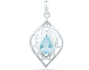 Blue Topaz Designer Teardrop Pendant, Natural Topaz December Birthstone, Sterling Silver Dainty Charm Necklace, Minimalist Gift for Women