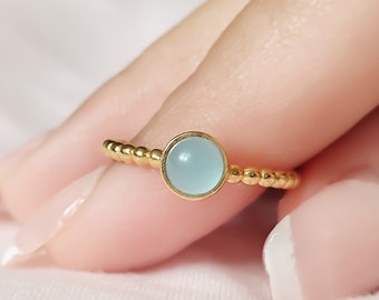 18K Gold Blue Chalcedony Ring,Natural Calci March Gemstone,Handmade Gold Vermeil Ring,Dainty Blue Stone Ring,Minimalist Women's Gift Jewelry