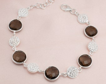 Smoky Quartz & Cz Bracelet, Handmade Sterling Silver, Jewelry For Women, Gemstone Charm Bracelet, Unique, Designer, Elegant, Everyday Wear