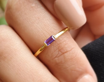 18K Gold Amethyst Ring, Natural Amethyst February Gemstone, Handmade Vermeil Gold Baguette Stacking Ring, Minimalist Women's Gifting Jewelry