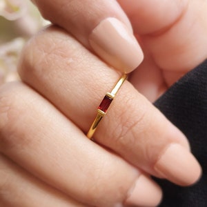 18K Gold Garnet Ring, Natural Garnet January Gemstone,Handmade Vermeil Gold Baguette Stacking Ring,Dainty Minimalist Women's Gifting Jewelry