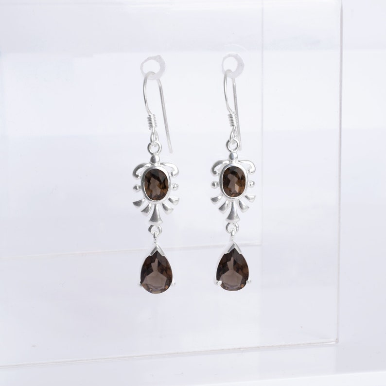 Smoky Quartz Chandelier Earrings,Natural Quartz October Birthstone,Handmade Sterling Silver Dangle Earring,Minimalist Dainty Women's Jewelry image 7
