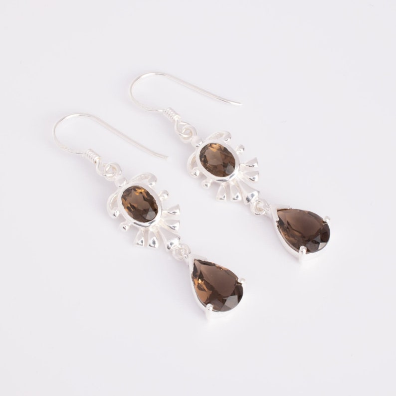 Smoky Quartz Chandelier Earrings,Natural Quartz October Birthstone,Handmade Sterling Silver Dangle Earring,Minimalist Dainty Women's Jewelry image 6