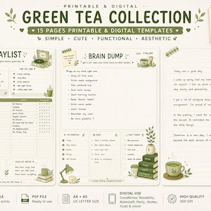 Green Tea Digital Planner Bundle | 15 Printable Planner Templates | GoodNotes, Notability, Penly, JNotes | Instant PDF Download
