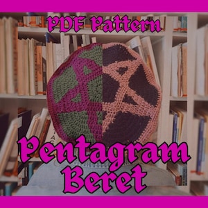 Może przedstawiać: Wzór na szydełku na beret z pentagramem. Wzór jest podzielony na dwie połówki, jedną zieloną i jedną różową. Wzór nazywa się "PDF Pattern Pentagram Beret".