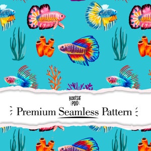 May include: A seamless pattern featuring colourful watercolour betta fish, coral, and aquatic plants on a turquoise background. The design includes the text "Premium Seamless Pattern".
