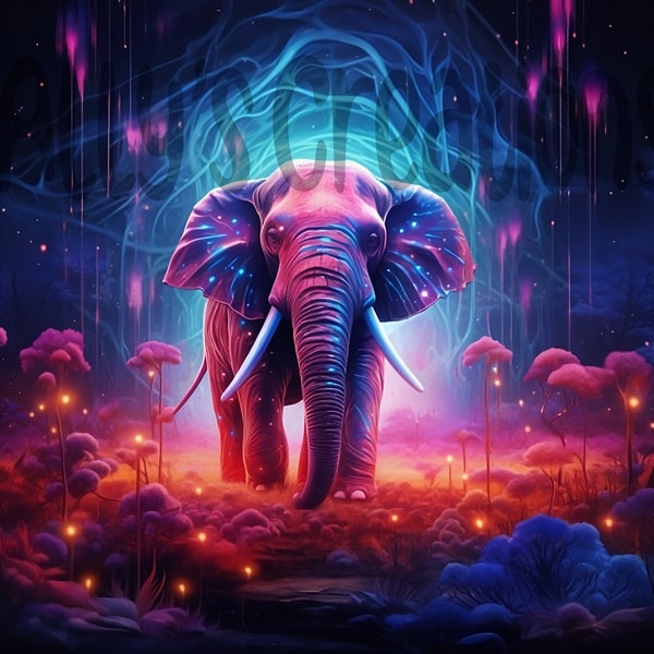Elephant in a electric neon and psychedelic theme png use for sublimation tumblers, slate rocks, blankets, ect....