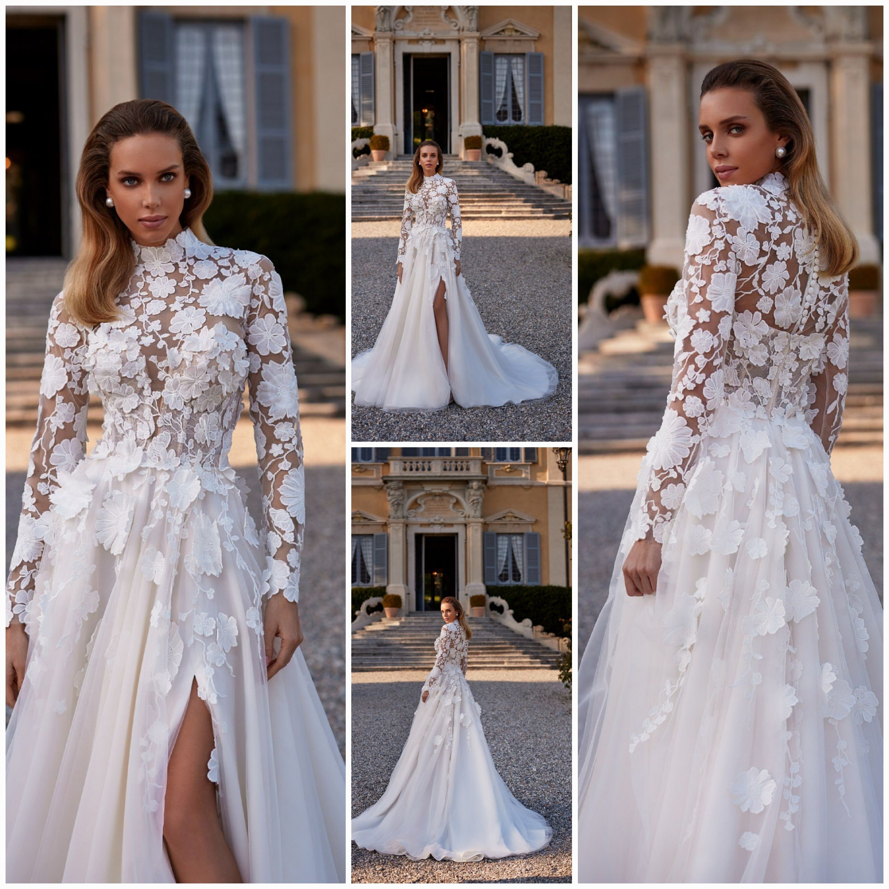 Sexy slit A-line wedding dress beautiful long sleeves. Custom