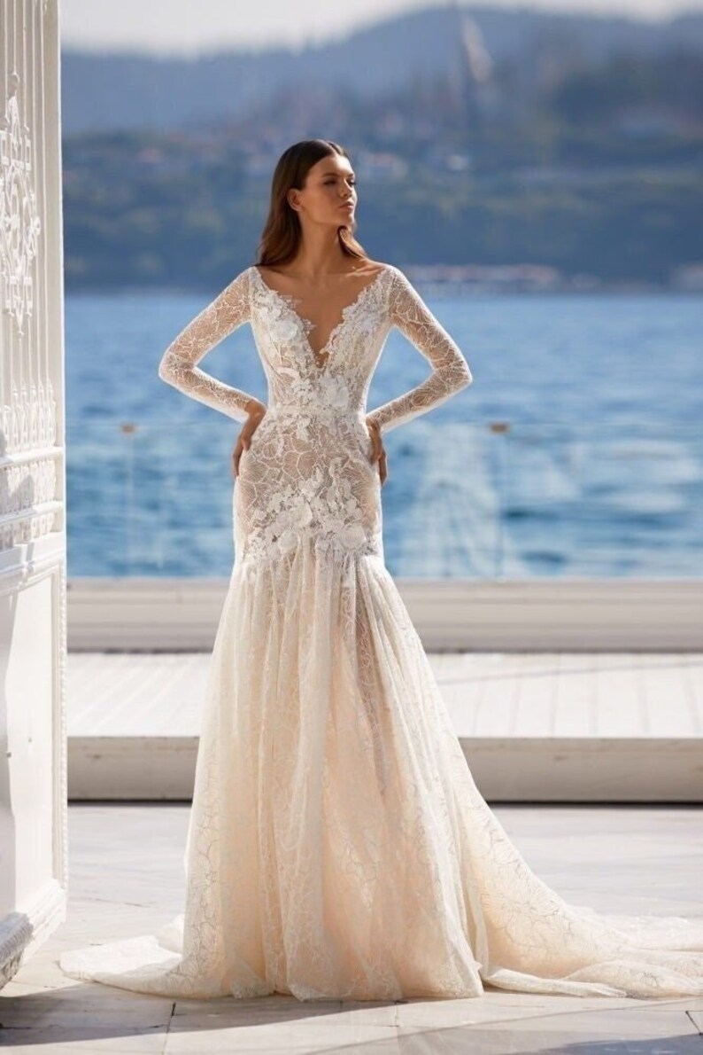 Beautiful Trumpet Wedding Dress Deep Vneck Long Sleeves Etsy