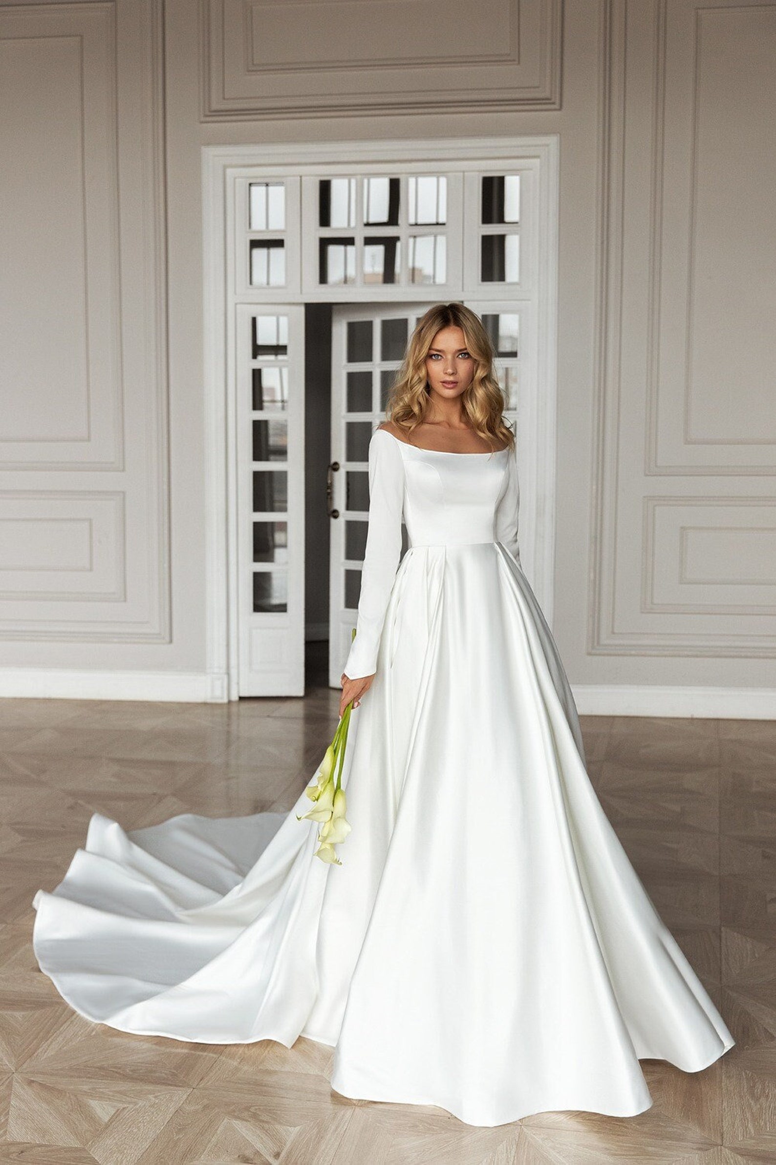 Elegant A-line Satin Brush Train Long Wedding Dress With Sleeves main image 1