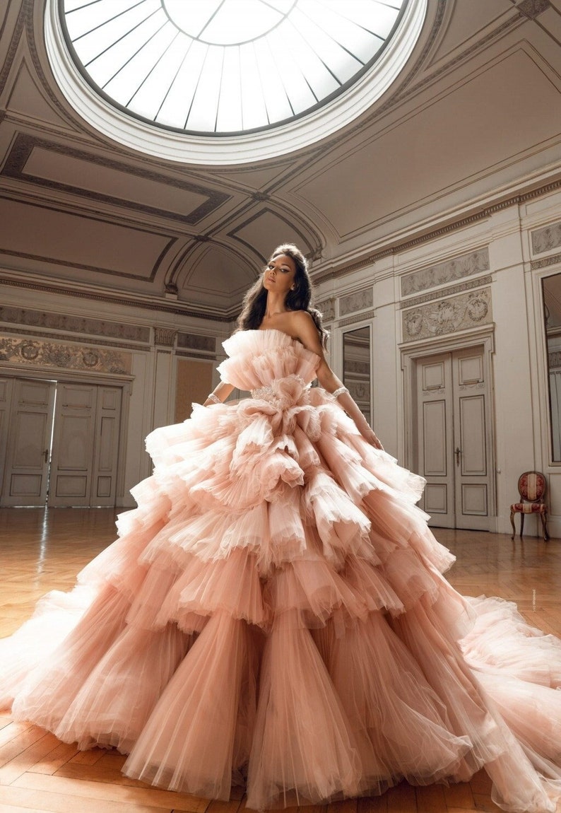 Elegant pink ballgown wedding dress. Beautiful off shoulder image 1