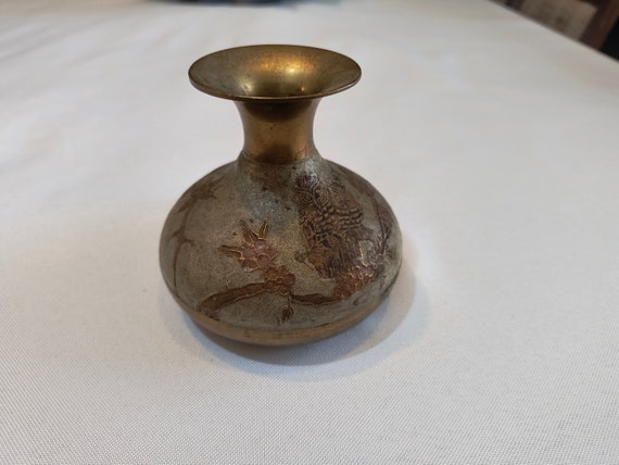 Antique Solid Brass Jug with Owls, Indian Brass Cloisonné Vase, Collectible Brass and Enamel Jug, Brass Enameled Urn.