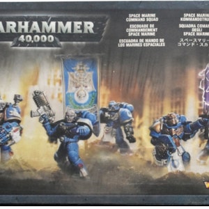 Może przedstawiać: Pudełko z miniaturami Warhammer 40,000 Space Marine Command Squad. Pudełko zawiera niebiesko-biały sztandar z czaszką i skrzyżowanymi kośćmi. Miniatury są pomalowane w niebiesko-białe zbroje z srebrnymi broniami.