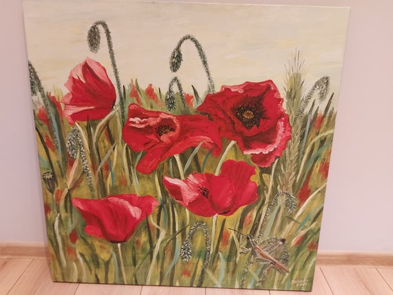 Poppy field - large square 80 x 80 cm oil painting on canvas