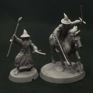 Può includere: Due miniature grigie di maghi. Uno in piedi con un bastone e una spada, l'altro a cavallo, anch'esso con un bastone e una spada. Entrambi indossano cappelli a punta e vesti. Adatto per giochi da tavolo.