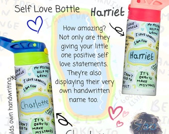 Childs Personalised Water Bottle. Own Handwritten Name. 12oz Water Bottle. Kids Affirmation Self Love Bottles. Kids Self Love Bottles.