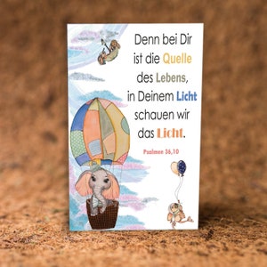 Cartolina elefante nel cesto bambino I carta I nascita I elefante I animali I Salmo I Bibbia I Cristiano I chiesa I dare I palloncino I coniglio