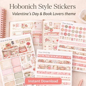 Puede incluir: Una colección de pegatinas estilo Hobonichi con temática de San Valentín y amantes de los libros. Las pegatinas presentan diseños rosas y rojos con corazones, libros y elementos florales. La imagen incluye una agenda, hojas de pegatinas y el texto "Instant Download".