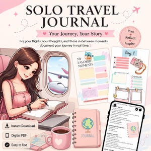 Digital SOLO Travel journal Printable|  Travel Planner & Reflection Diary for Women |pdf Instant Download + Bonus modern Stickers