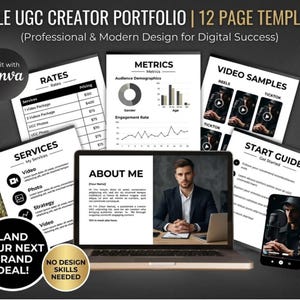 Puede incluir: Una plantilla de portafolio digital con el texto "MALE UGC CREATOR PORTFOLIO | 12 PAGE TEMPLATE". El diseño incluye páginas para tarifas, métricas, ejemplos de video y una guía de inicio.