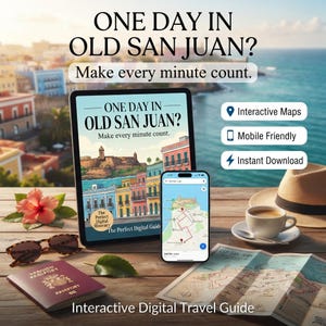 Könnte beinhalten: Ein digitaler Reiseführer mit dem Titel One Day in Old San Juan? Make every minute count auf einem Tablet und Smartphone. Der Bildschirm zeigt eine Karte. Daneben liegen ein Reisepass, eine Sonnenbrille, eine Kaffeetasse, ein Hut und eine Papierkarte.