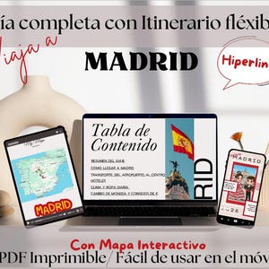 Könnte beinhalten: Ein digitaler Reiseführer für Madrid, Spanien, wird auf einem Laptop, Tablet und Smartphone angezeigt. Der Reiseführer enthält eine Karte, eine Reiseroute und ein Inhaltsverzeichnis. Auf den Geräten steht "Madrid" und "Interaktive Karte".
