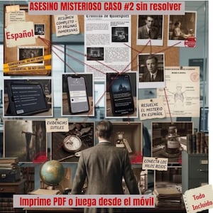 Puede incluir: Una presentación temática de detectives con el texto "ASESINO MISTERIOSO CASO #2 sin resolver" y "Español". Incluye fotos, documentos, una tableta y teléfonos inteligentes. Hilos rojos conectan las pistas, sugiriendo un juego de misterio.