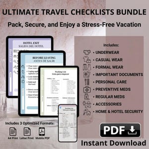 Ultimative Reise-Checkliste | Packliste für den Urlaub | Leitfaden für Sicherheit zu Hause und Hotelausgang | Zweisprachig (Englisch/Spanisch) | 3 Farben & Größen