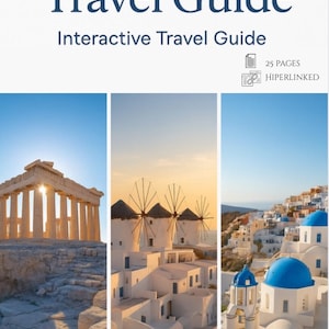 Puede incluir: Una guía de viaje titulada "Greek Islands Travel Guide" con el subtítulo "Interactive Travel Guide". La portada presenta tres paneles con imágenes de monumentos griegos: un templo, molinos de viento y edificios blancos con cúpulas azules.