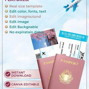 Puede incluir: Una plantilla de tarjeta de embarque editable con un gráfico de avión azul, dos fundas de pasaporte rosas con emblemas dorados y un billete de viaje con destino JFK. El texto incluye BOARDING PASS, EDITABLE TEMPLATE, FEATURES, INSTANT DOWNLOAD, CANVA EDITABLE, UNLIMITED PRINT y DESIGN YOUR TRIP OF A LIFETIME.