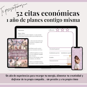 May include: A digital planner displayed on a laptop, tablet, and smartphone screen. The text reads Te presentamos 52 citas económicas 1 año de planes contigo misma. The interface includes sections for experience, rating with three stars, and general description.