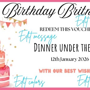 Puede incluir: Un vale de cumpleaños rosa con el texto "Happy Birthday Britney" y "Dinner Under the Stars". Presenta una tarta de acuarela, globos y un diseño de sello postal. La fecha es el 12 de enero de 2026.