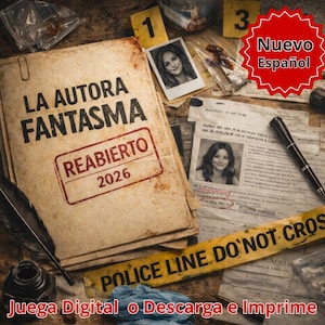 May include: A crime scene investigation theme with a book titled "LA AUTORA FANTASMA" and the word "REABIERTO 2026" stamped on it. The scene includes evidence markers, photos, a pen, and police tape. The text "Juega Digital o Descarga e Imprime" is also present.