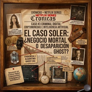 Puede incluir: Un tablero de investigación enmarcado con un recorte de periódico central titulado CRONICAS, rodeado de fotos de una persona, un sospechoso, un globo terráqueo, un reloj, monedas de oro, un USB, una placa de circuito y un reloj de bolsillo.
