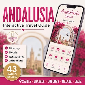 May include: A smartphone displaying an interactive travel guide for Andalusia, Spain. The screen shows a menu with icons for itinerary, hotels, restaurants, and attractions. Text includes Andalusia Interactive Travel Guide and 43 Pages Included.