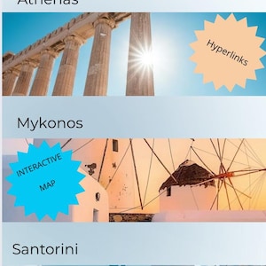Puede incluir: Guía de viaje digital titulada "Islas Griegas" con imágenes de Atenas, Mykonos y Santorini. La guía incluye 25 páginas y presenta mapas interactivos e hipervínculos. La portada es azul claro con texto blanco y azul.