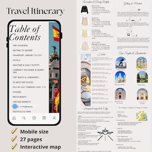 Puede incluir: Un itinerario de viaje digital en la pantalla de un teléfono, con secciones sobre Madrid, el clima y los lugares emblemáticos. La pantalla muestra una bandera española y un edificio. El texto dice "Mobile size, 27 pages, Interactive map."