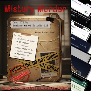 Puede incluir: Un juego de misterio digital llamado "Mystery Murder" con el texto "Caso 472 B: Sombras en el Estudio V2I." El juego incluye un expediente policial, 15 pruebas, fotos, mensajes de WhatsApp y códigos QR. Las palabras "Police Line Do Not Cross" son visibles.