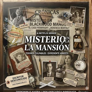 May include: A promotional image for the Netflix series "Mystery in the Mansion." The image features a collection of items, including a vintage watch, a pen, a bottle of ink, and a book, arranged on a newspaper background. Text includes "Evidence" and "Suspect".