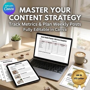May include: A desk setup with a laptop and tablet showing content strategy documents. The text reads "MASTER YOUR CONTENT STRATEGY" and "Track Metrics & Plan Weekly Posts". A coffee cup and a small plant in a pot are also on the desk.