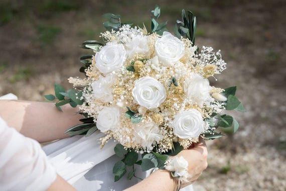 Dried and Preserved Flower Bridal Bouquet | Olive Green, White and