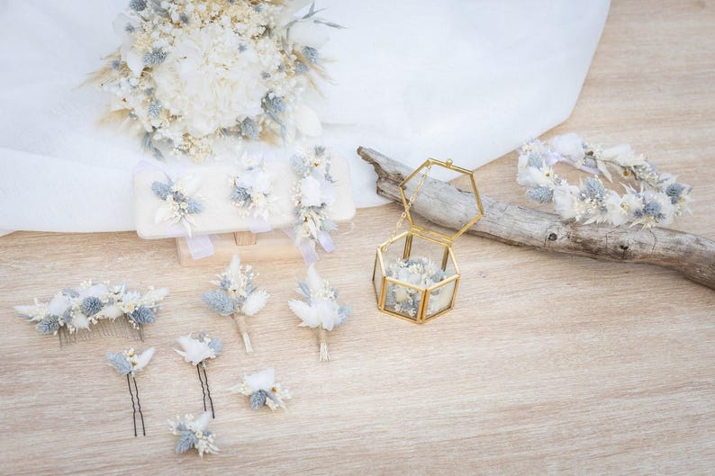 Peigne mariage fleurs séchées bleu & blanc Collection Elsa