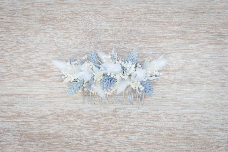 Peigne mariage fleurs séchées bleu & blanc Collection Elsa