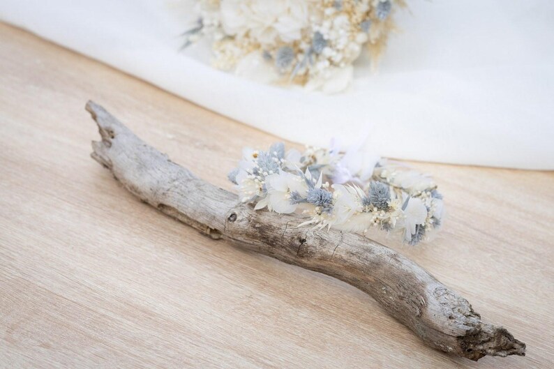 Peigne mariage fleurs séchées bleu & blanc Collection Elsa